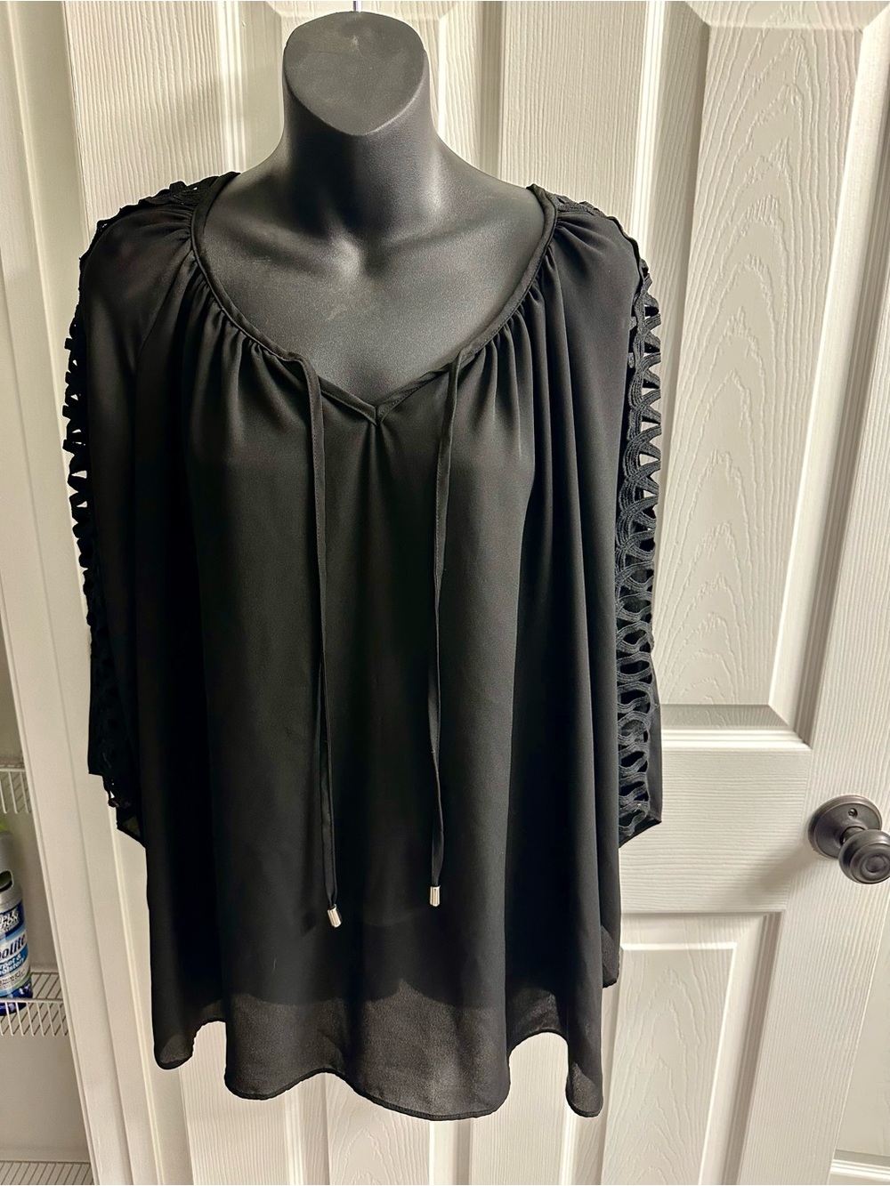 Zac & Rachel Black Sheer Peasant Blouse with Lattice Sleeve Detail